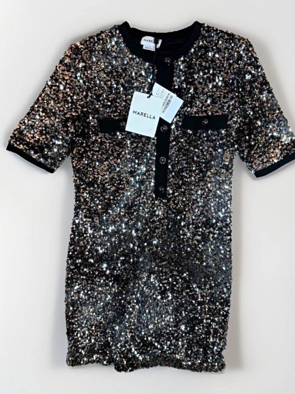 Marella Trincea Sequin Mini Dress Gray Black Button Front NWT Size L